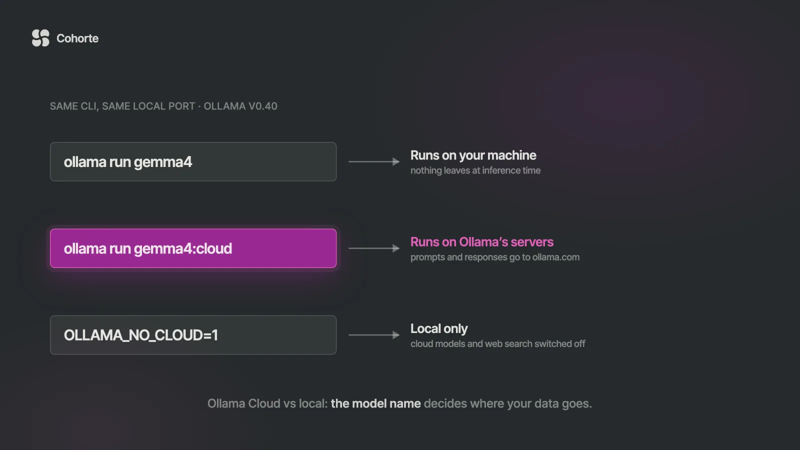 The same Ollama command running locally or on Ollama's servers depending on the model name